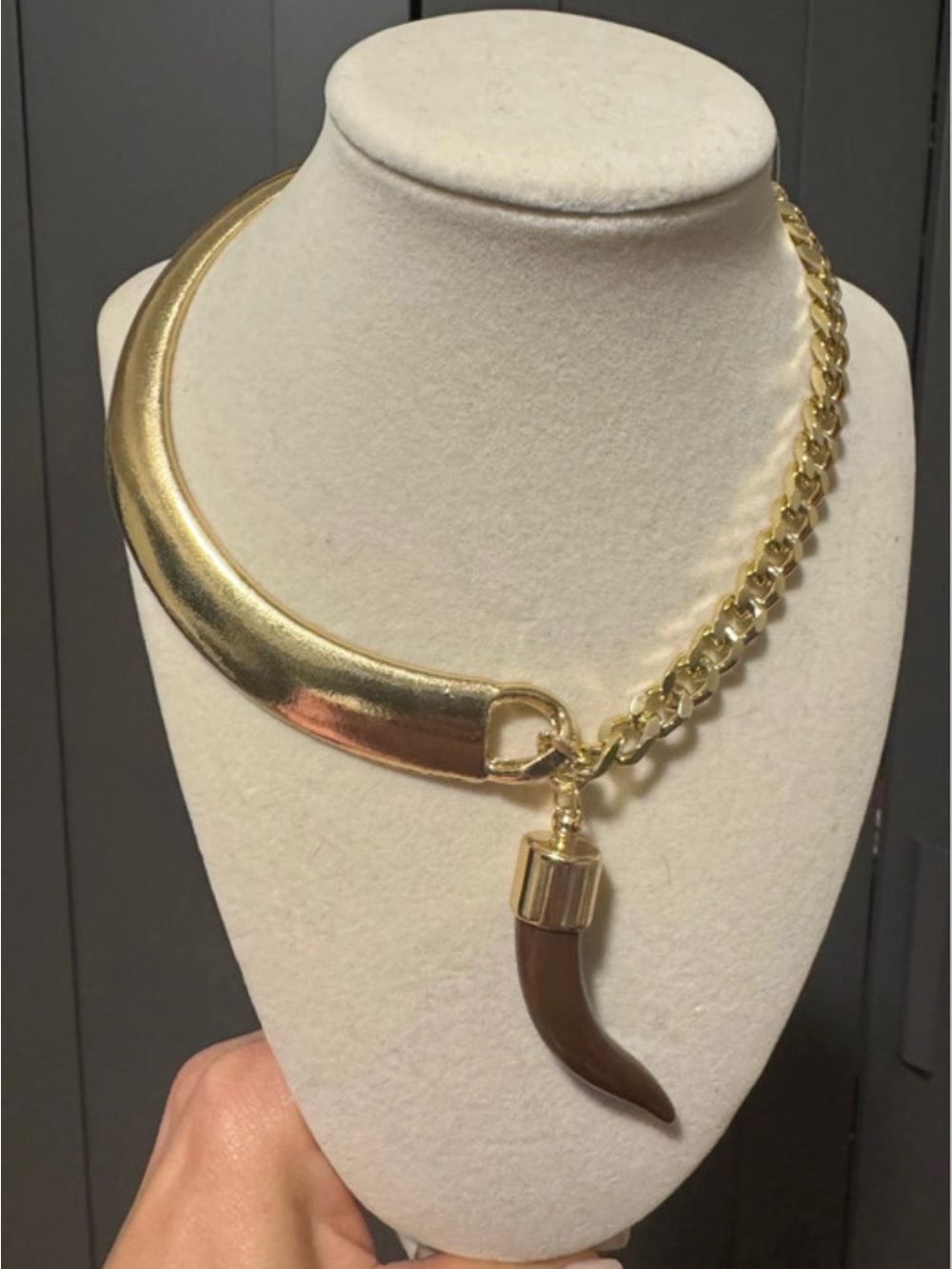 Gold Statement Collar Necklace with Brown Horn Charm - Women Jewelry